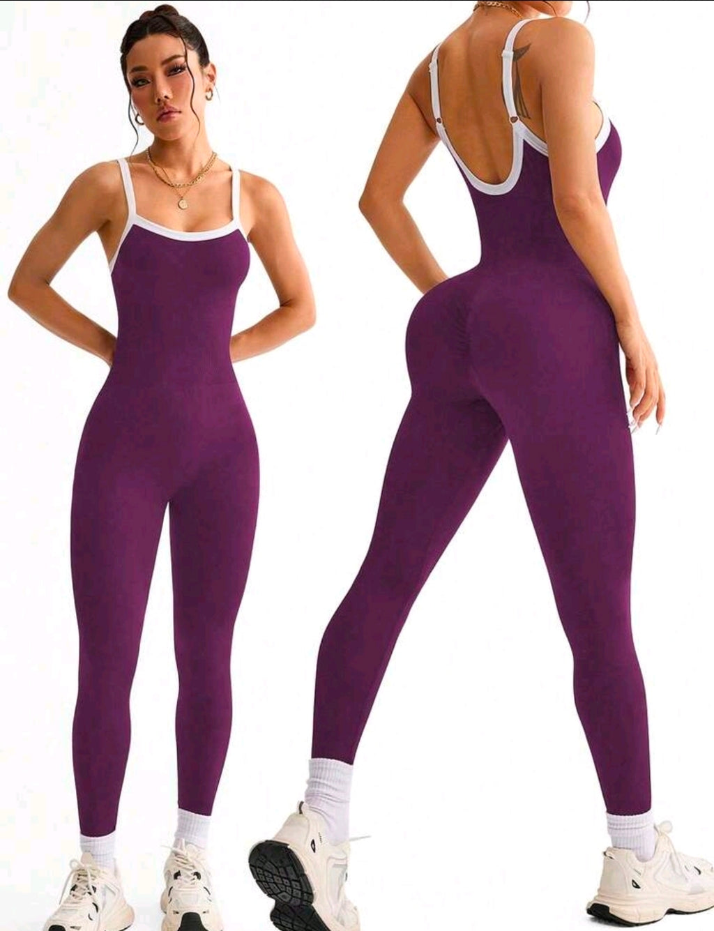 SS183 Enterizo morado con líneas blancas con levanta glúteos