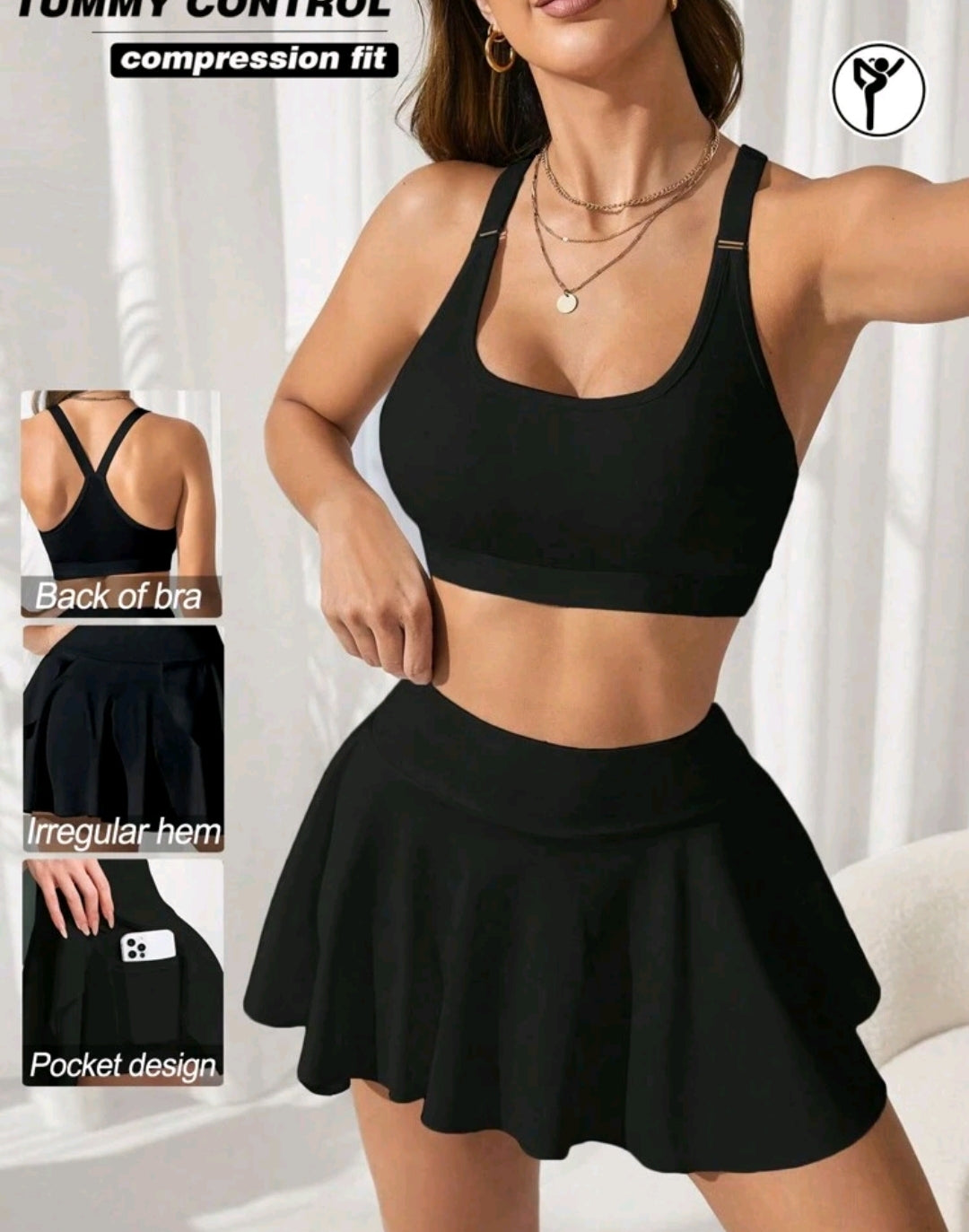 SS157 Conjunto negro sport bra + falda