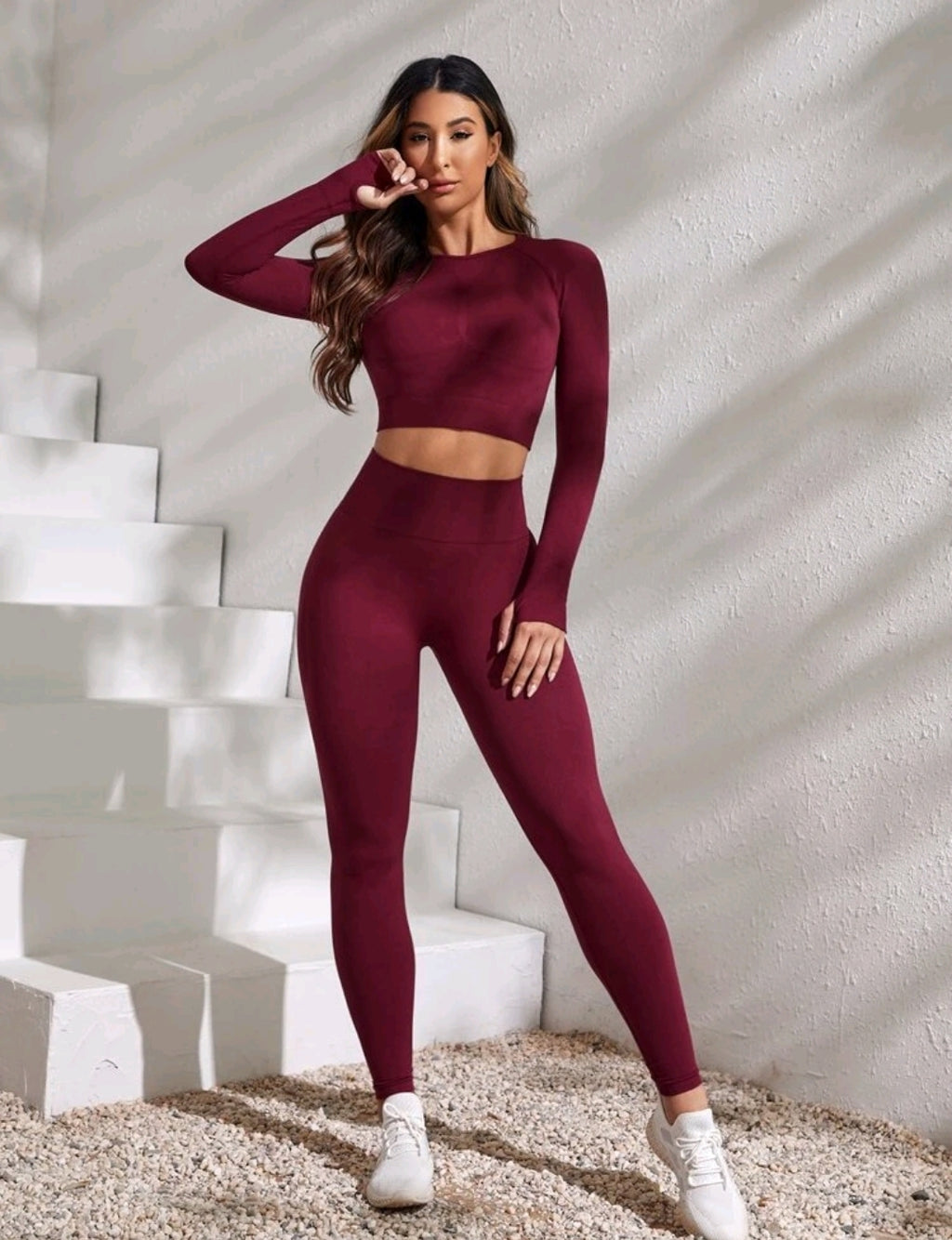 SS152 Conjunto rojo burgundy top manga larga + legging