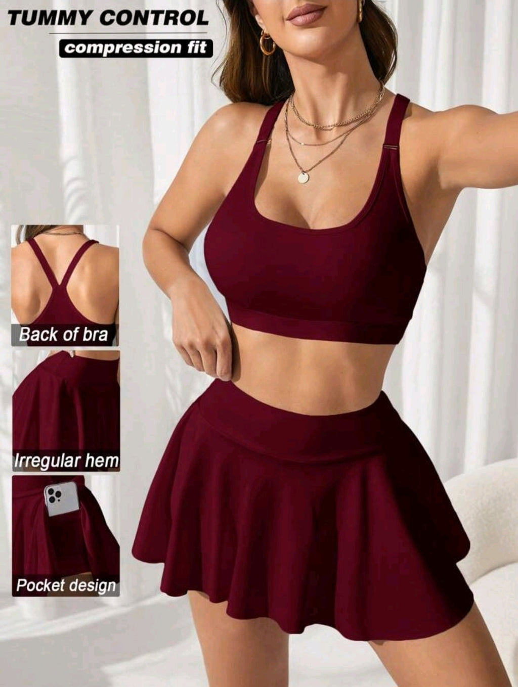 SS113 Conjunto rojo burgundy sport bra + falda