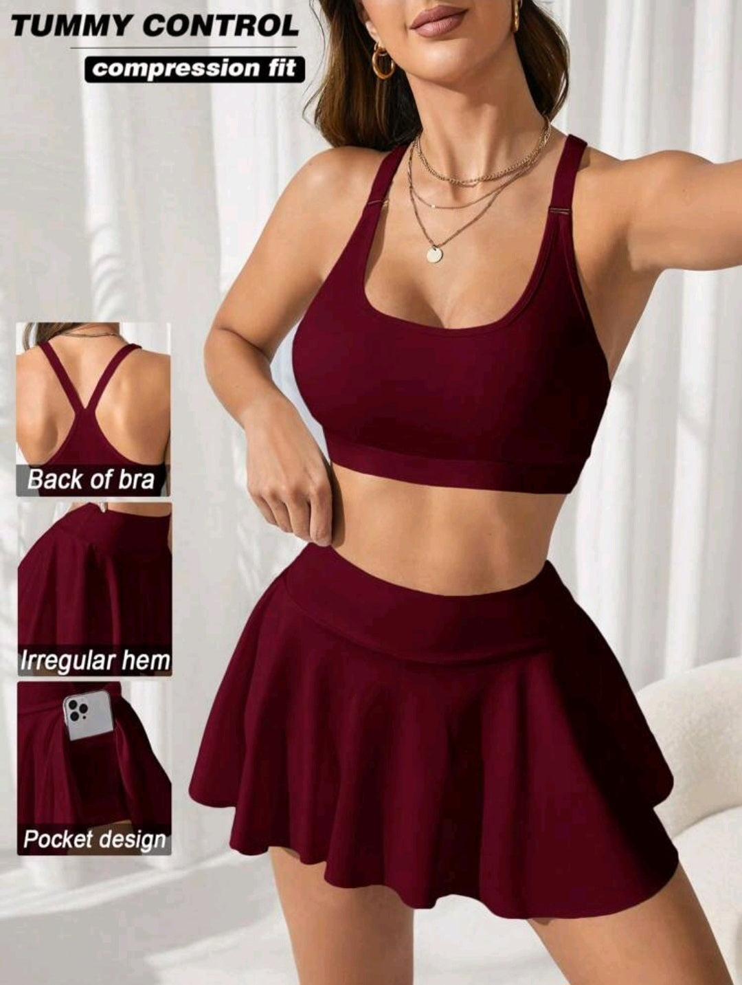 SS113 Conjunto rojo burgundy sport bra + falda