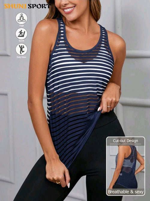 C144 Camisa escotada semitransparente de rayas azul navy