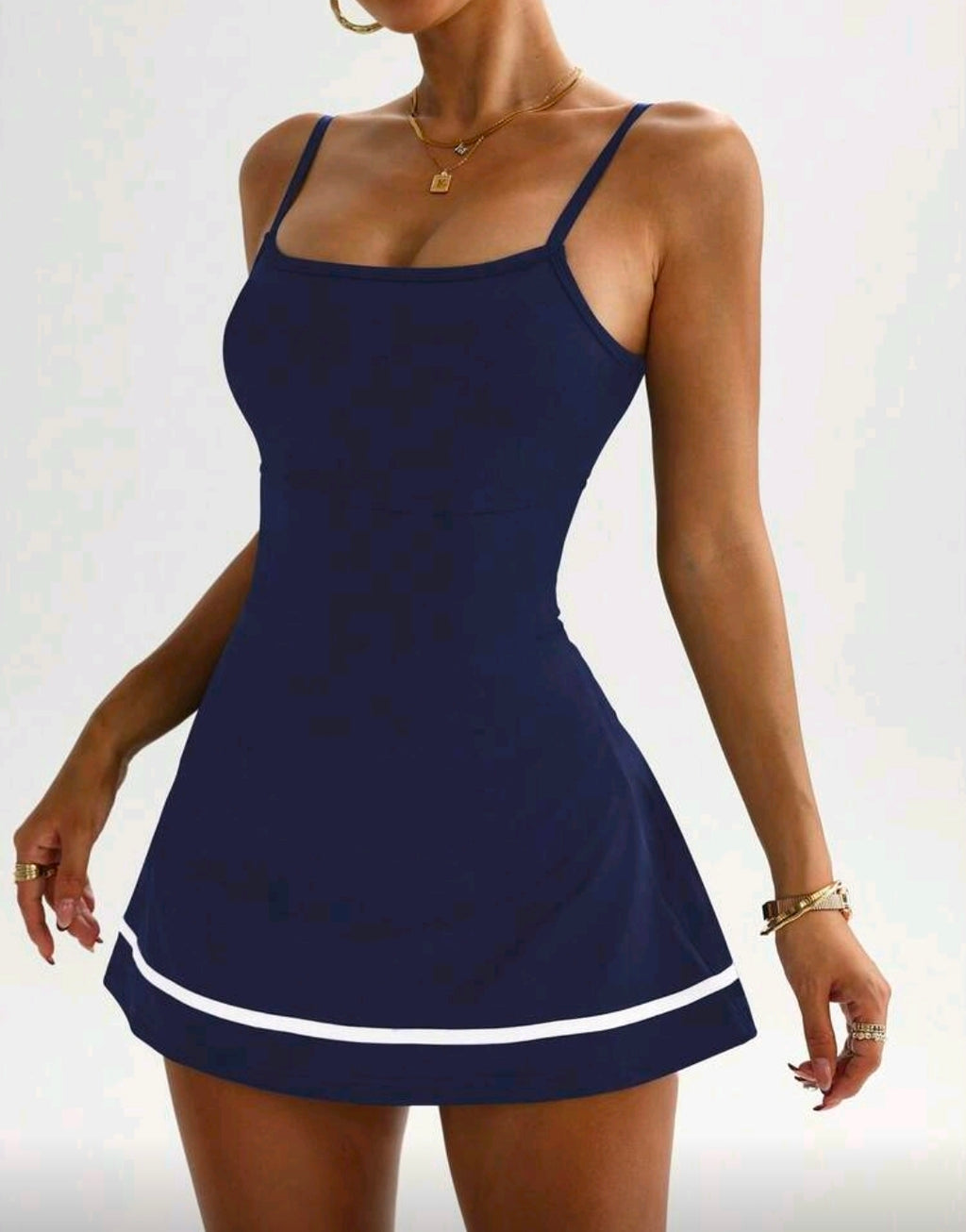 SS143 Enterizo de vestido azul escotado con línea blanca inferior