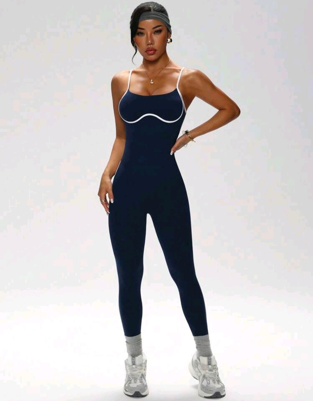 SS169 Enterizo azul escotado atrás con bordes blancos